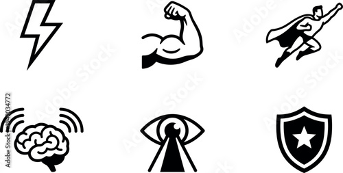 Collection of Superhero Power Icons Featuring Lightning Bolt Strong Muscle Arm Flying Hero Brain Waves Laser Eye and Shield Symbols for Gaming Branding