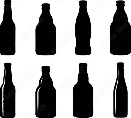 Collection of Beer and Soda Bottle Silhouette Icons Featuring Various Glass Bottle Shapes for Beverage Branding Brewery Logos Bar Menus and Packaging Design