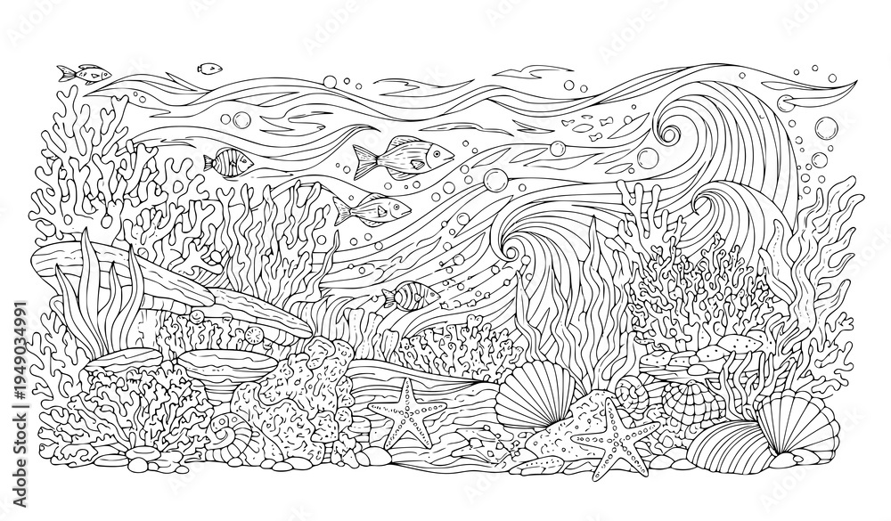 Fototapeta premium Underwater seascape coral reef line art for adult anti stress coloring book detailed marine vector illustration