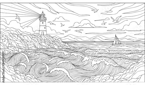 Seascape line art with lighthouse waves and sailing boat adult anti stress coloring book vector illustration