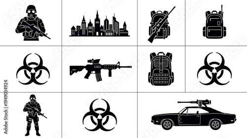 Military and hazard silhouette icon set featuring soldier, assault rifle, tactical backpack, biohazard symbol, armored car and city skyline vector illustration