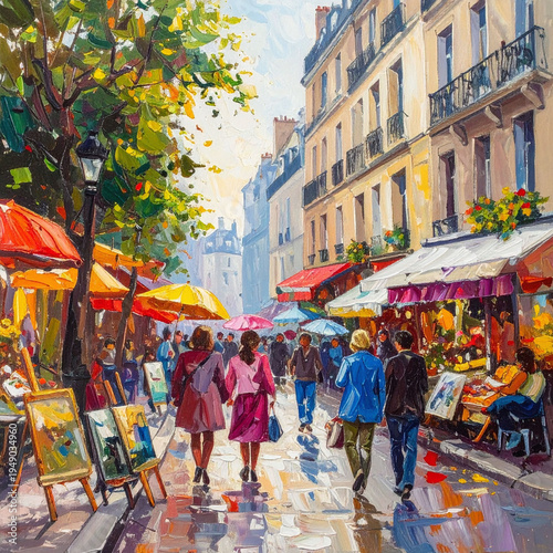 Vibrant impressionist oil painting of a bustling European street market. Bright colors and bold textures capture the romantic charm of urban life, ideal for travel and art themes.