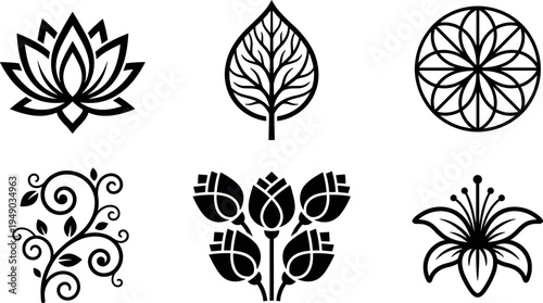 Floral and botanical silhouette icon set featuring lotus flower, leaf, geometric mandala, decorative vine, rose bouquet and lily illustration