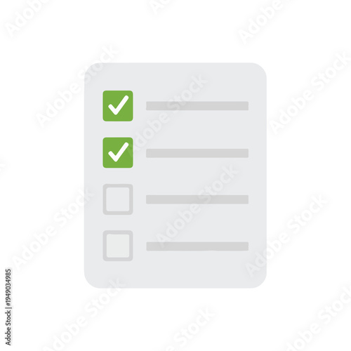 A clean, flat vector illustration of a checklist document, featuring two completed green checkmark items and two empty task boxes on a white background.