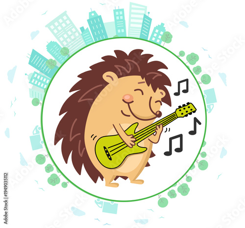 Brown hedgehog on guitar playing music. Audio at the concert. Text design. city. Installation. smartphones. Vector illustration.