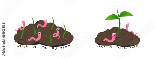 Small plant growing in the ground and Earthworm. Worm and young green plant. Vector illustration in flat style, isolated on a white background.