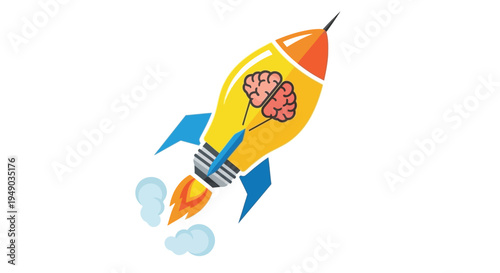 A yellow lightbulb shaped like a rocket with a brain inside launching upwards