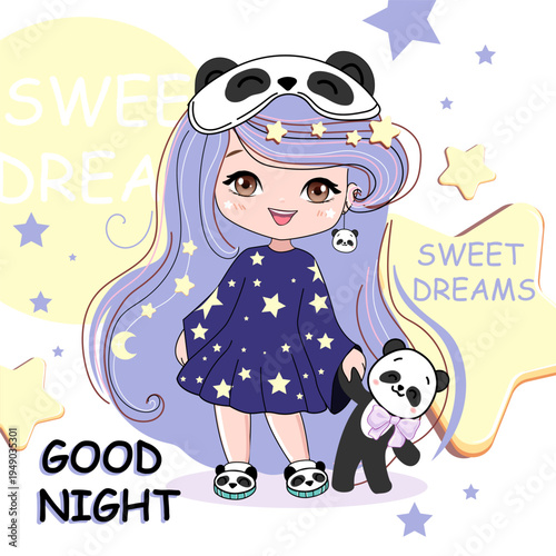 Anime little cartoon girl with purple hair and big eyes and panda. Text sweet dreams. Vector illustration print for t-shirt. Chibi girl