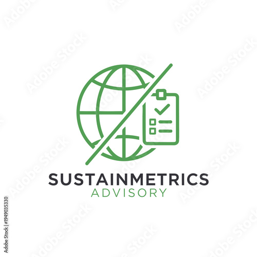 Globe outline and checklist icon for environmental data monitoring and sustainability compliance advisory firm logo Sustainmetrics Advisory