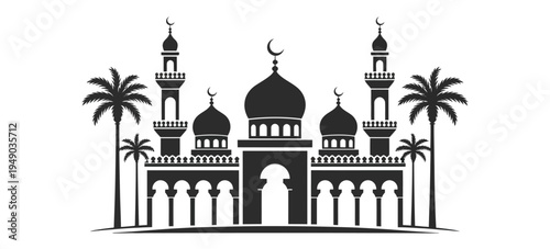 Black and white of a mosque with domes minarets and palm trees