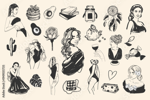 Collection with beautiful women and modern iteams. Hand drawn sketch illustration
