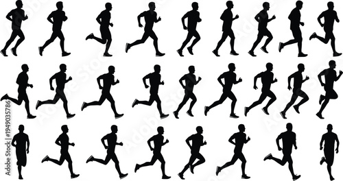 Black silhouette of a male athlete running in different poses set of young man runner isolated on white background vector.