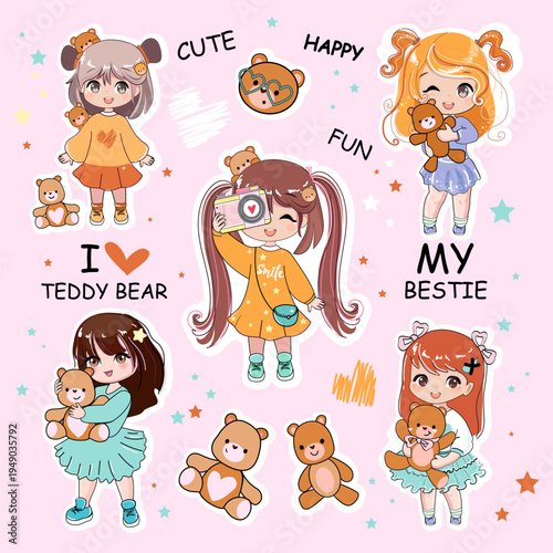 Cute collection badge stickers with cartoon little girl and teddy bear toys in anime style. Kawaii style. T-shirt print vector illustration