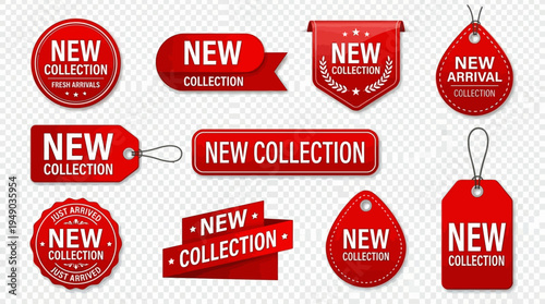 Red Vector Promotional Labels and Tags Collection for New Arrivals, Exclusive Collections, Online Store Marketing, Retail Advertising, Fresh Look, Season’s Best Product Launch Designs