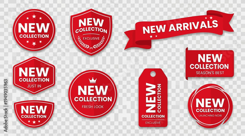Red Vector Promotional Labels and Tags Collection for New Arrivals, Exclusive Collections, Online Store Marketing, Retail Advertising, Fresh Look, Season’s Best Product Launch Designs