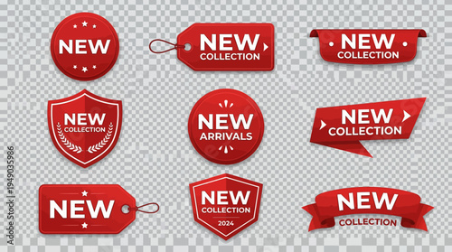 Red Vector Promotional Labels and Tags Collection for New Arrivals, Exclusive Collections, Online Store Marketing, Retail Advertising, Fresh Look, Season’s Best Product Launch Designs