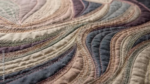 Medium shot capturing abstract decorative detailing featuring freeform quilting and varied stitch directions adding dynamic texture and bold visual interest to fabric surfaces.