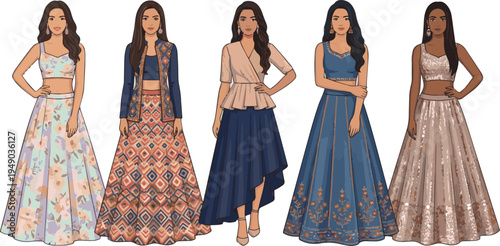 Create a realistic kinds of deferent modern girl lehenga vector art with white background.