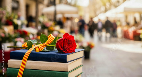 Red Rose and Books for Sant Jordi Day Celebration