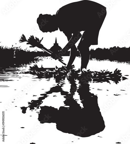 Sri Lankan Buddhist Devotee Silhouette Gathering Lotus Flowers in Lake with Temple Stupa Background, Traditional Religious Culture Vector Art Illustration for Wesak and Poya Festival Decoration.