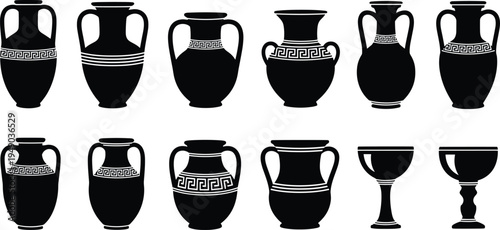 Black ancient Greek amphora silhouette collection with meander pattern border set of Greek pottery jars vases icons for historical vector designs.
