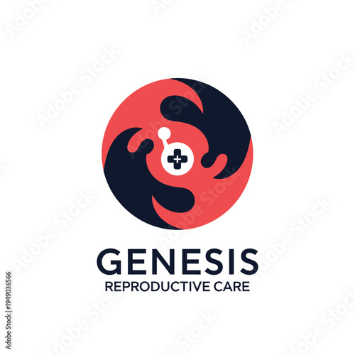 Abstract hand swirl icon surrounding a medical cross symbol for reproductive healthcare and fertility clinic branding identity logo Genesis