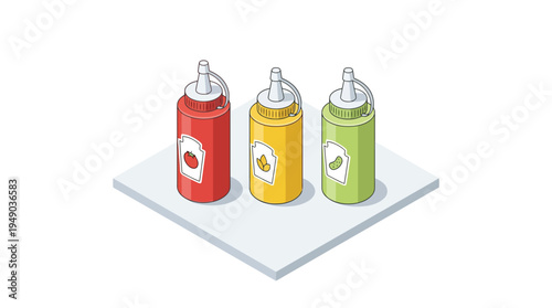 Three bottles of colorful condiments side by side.