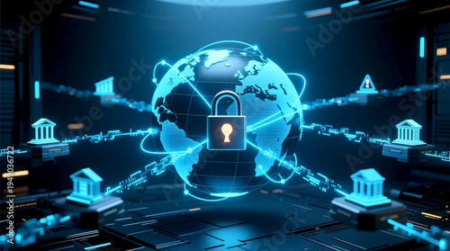 Digital global financial network under severe economic war impact depicting locked central node illustrating sanctions and trade restrictions on worldwide banking system