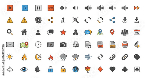 Collection of colorful flat design icons for web and mobile applications.