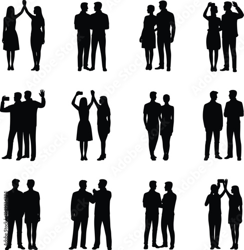 Business People Silhouette Set Showing Couples Friends And Colleagues Greeting With High Five Meeting Talking And Standing Together Teamwork Partnership Social Interaction Concept