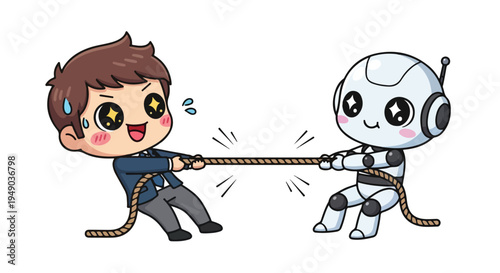 A cartoon boy and robot engaged in a tug-of-war with a rope on a white background with a playful mood.
