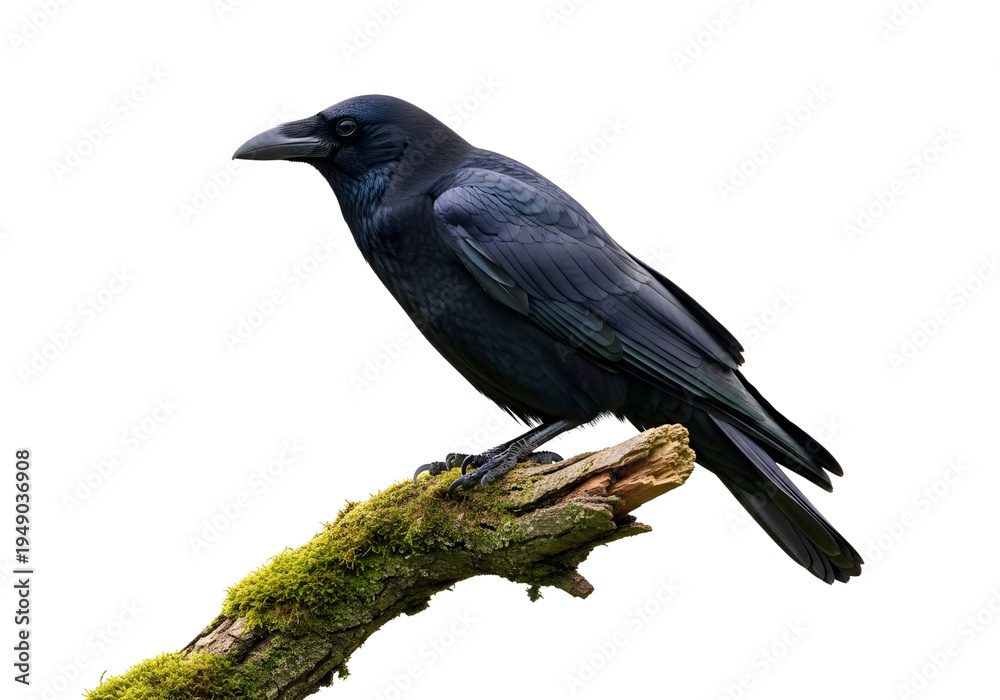 Obraz premium Black Raven Perched on Mossy Branch Isolated Transparent PNG
