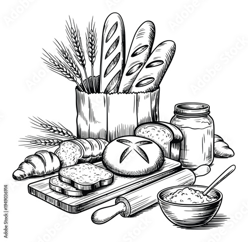 Bakery Food Vector Illustration with Bread and Ingredients