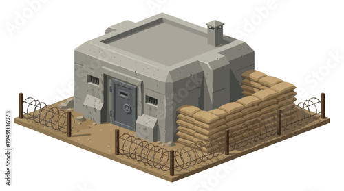 Small gray concrete military bunker house.