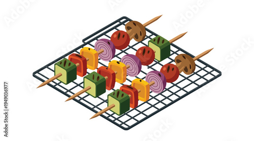 Colorful skewers on a grill rack.