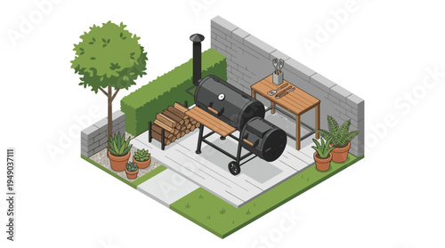 Outdoor barbecue grill with wooden table.