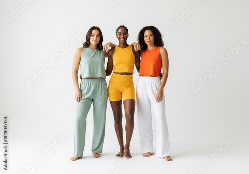 Three diverse women in comfortable loungewear pose together against a white backdrop