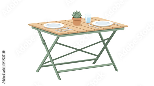 Small wooden folding outdoor picnic table.