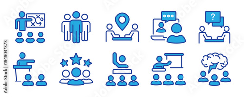 Business presentation icon set. Containing seminar, presentation, meeting, whiteboard, conference, business plan and more. Outline Icon Collection. Editable stroke. Vector illustration	