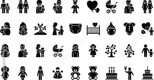 Family and baby silhouette icon set featuring parents children infants toys strollers diapers teddy bears and birthday cakes for parenting designs.