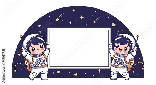 Cartoon illustration of two astronauts in white space suits holding a blank white sign on a navy blue background with stars and planets.