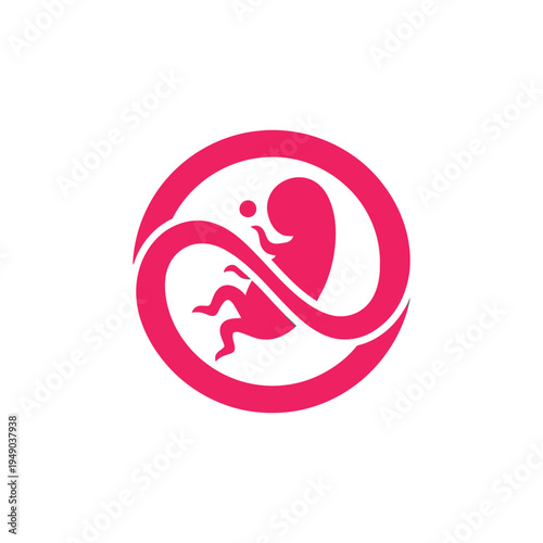 Stylized pink embryo icon within an infinity swirl symbol for maternity care and reproductive health services branding identity logo