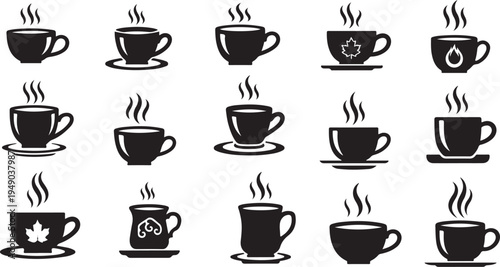 Collection of steaming coffee cups and saucers icons set