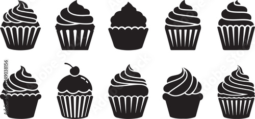 Black and white cupcake silhouettes on clean background illustration