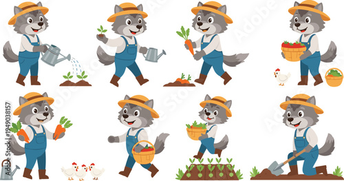 Cute cartoon raccoon farmer characters vector set gardening planting watering harvesting vegetables farm animal illustration collection isolated background