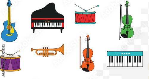 Musical instruments vector set guitar piano drum trumpet violin keyboard music illustration collection isolated background