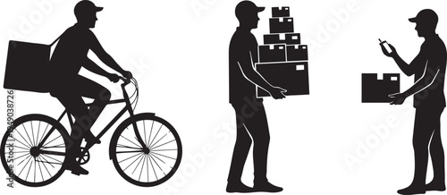 Delivery Service Silhouette Set: Professional Courier Figures Featuring Bicycle Delivery Man with Backpack, Worker Carrying Stack of Boxes, and Male Character Checking Shipment Status on Smartphone.