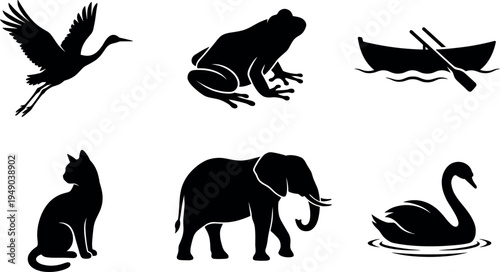 Black Animal and Nature Silhouette Set, Featuring Elephant Cat Frog Crane Swan and Rowboat Vector Illustrations for Wildlife Education and Creative Minimalist Design