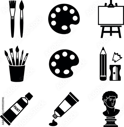 Fine Art and Painting Tool Silhouette Icon Set, Featuring Paint Brushes Palettes Easel Pencil Sculpture Bust and Tubes for Creative Studio and Education Design