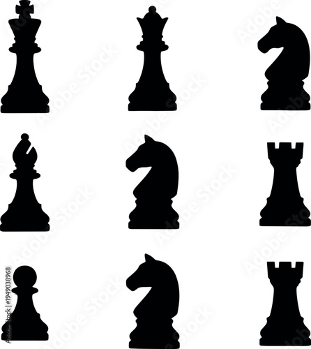 Black Chess Piece Silhouette Icon Set, Including King Queen Knight Bishop Rook and Pawn Vector Illustrations for Strategy Business Leadership and Competition Design